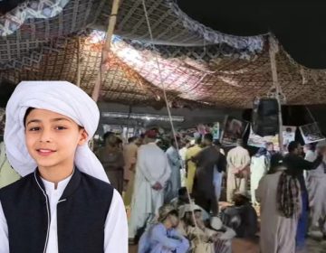مقتول روشم خان کی تصویر، پس منظر میں ان کے قاتلوں کیخلاف احتجاج کا منظر