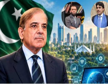 وزیر اعظم شہباز شریف، عطا تارڑ، حذیفہ رحمان کی تصویر
